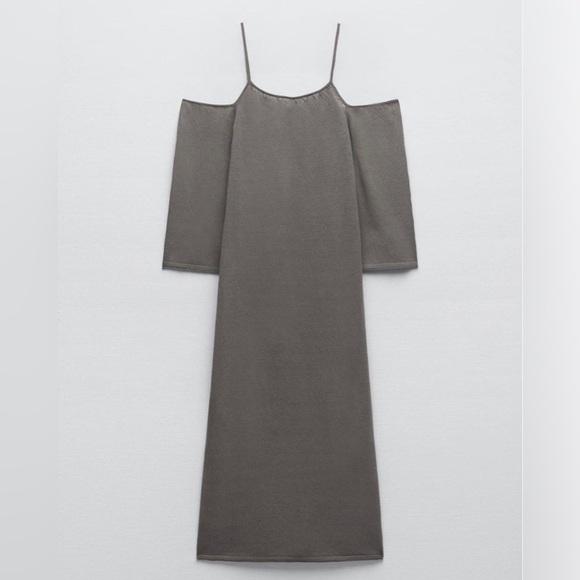 Zara taupe gray linen blend off-the-shoulder midi dress - size Large (L) - Picture 4 of 4